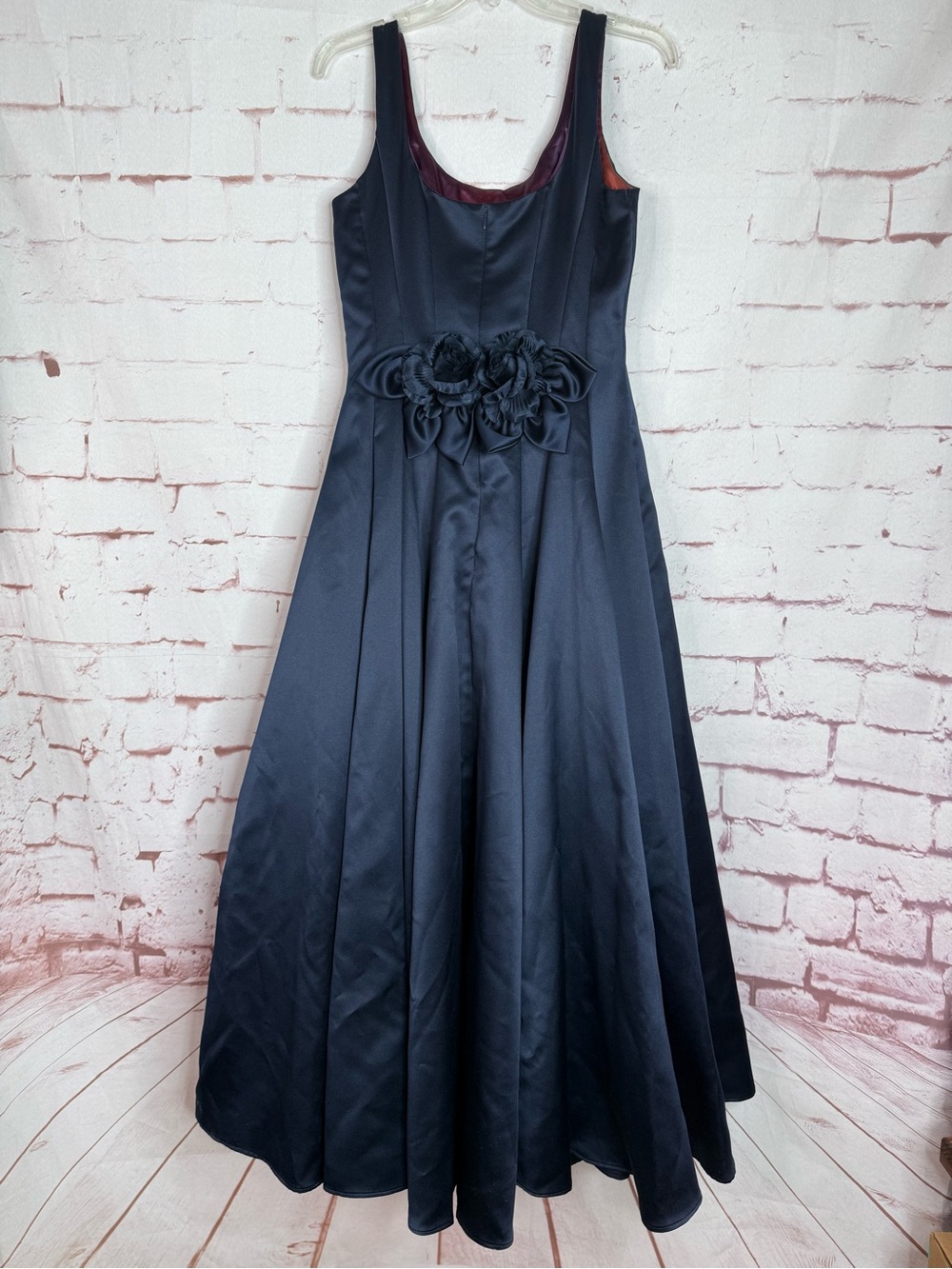 JESSICA McCLINTOCK Navy Satin Floor Length Prom Dress Size 10 Satin Rose Formal - Picture 14 of 16